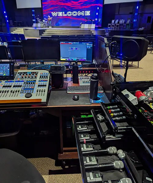Church production environment with professional mixing console
