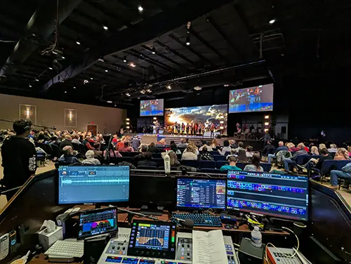 Conference venue with comprehensive broadcast production setup