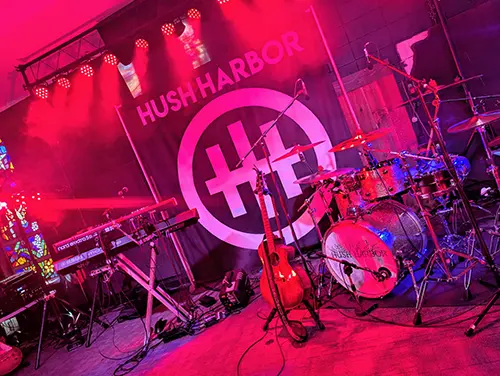 Concert stage with professional lighting and audio equipment